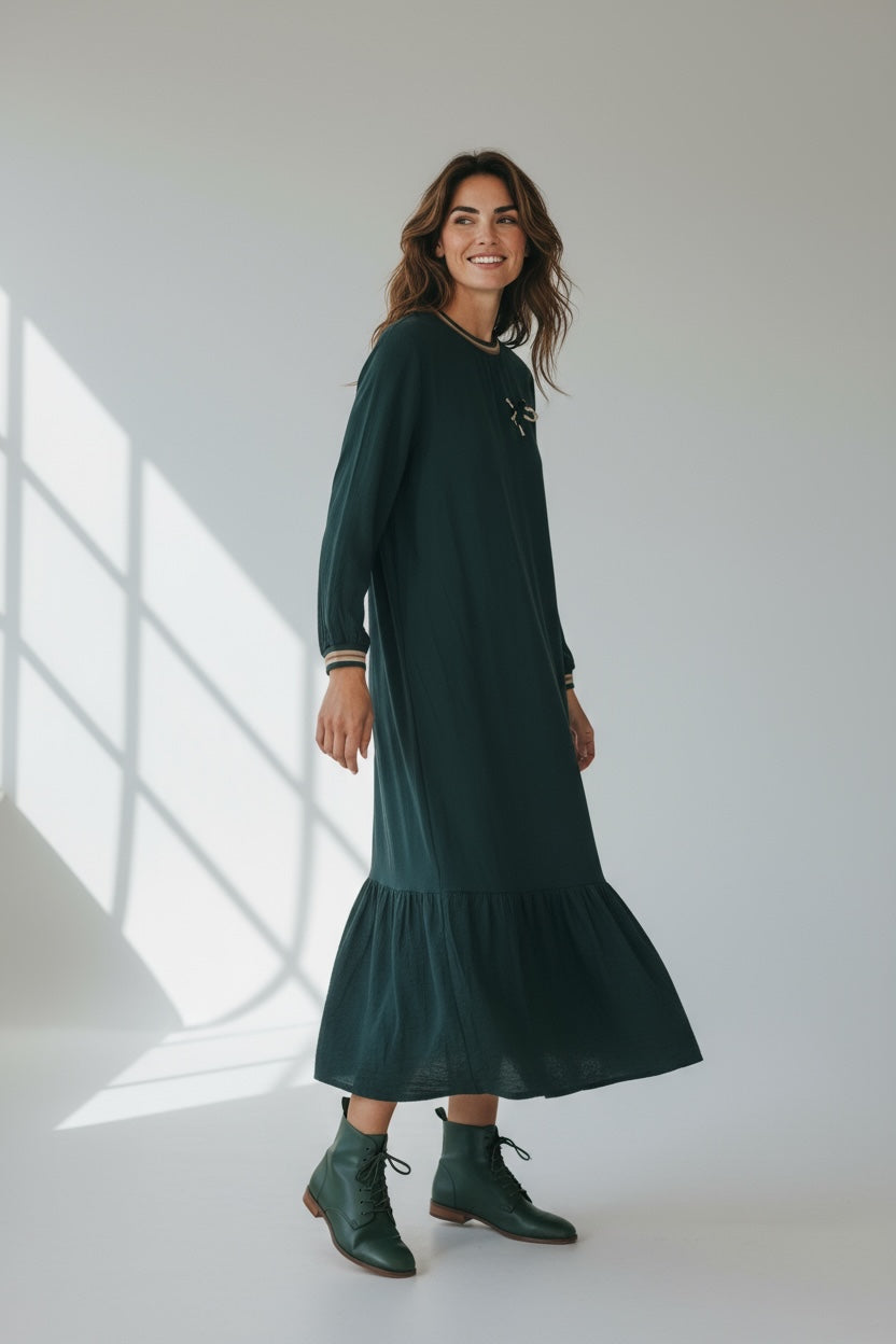 Long Sleeve Casual Elegant Cotton Maxi Dress Forest Green