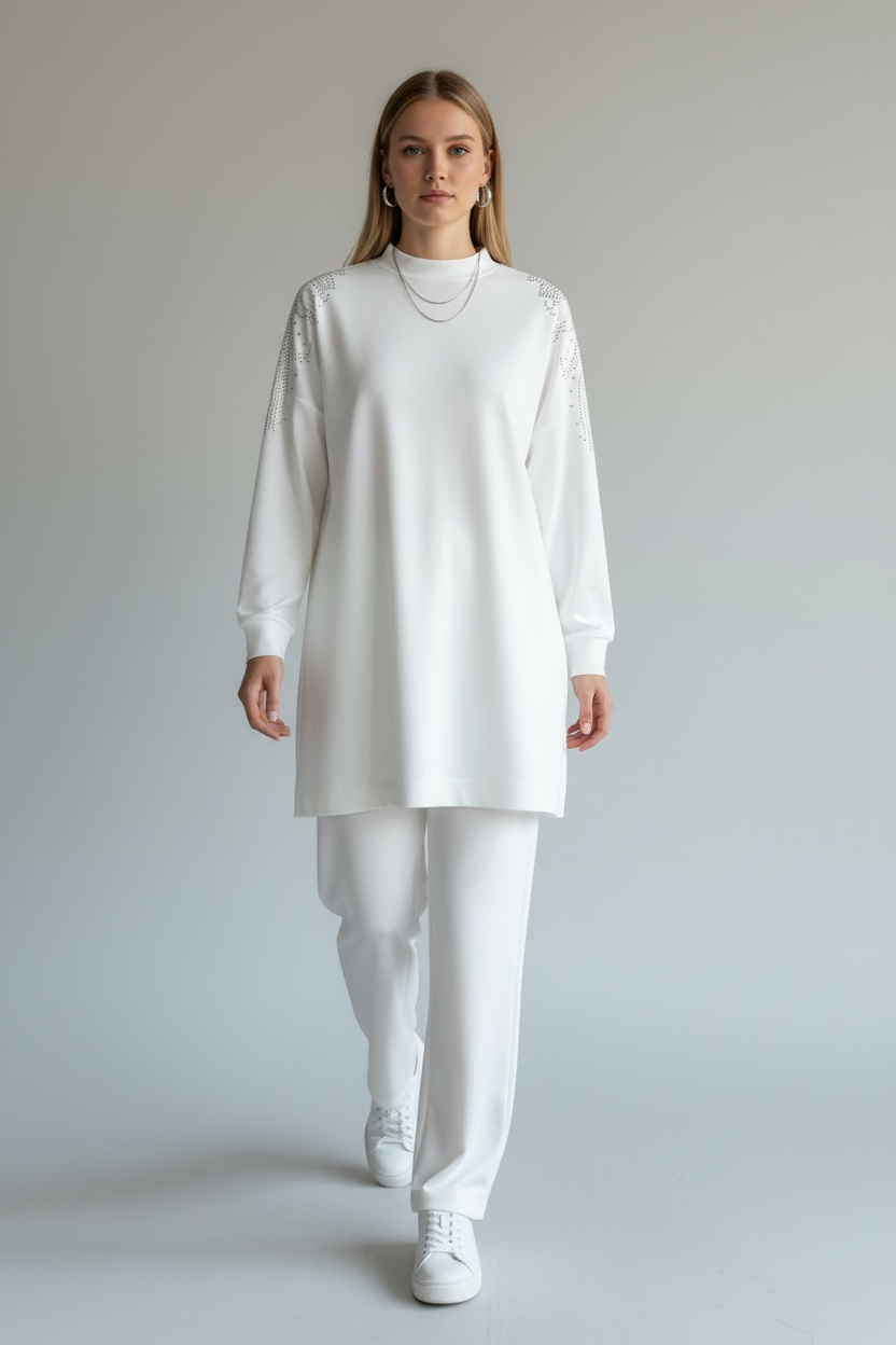 Metal Stone Detailed Set White