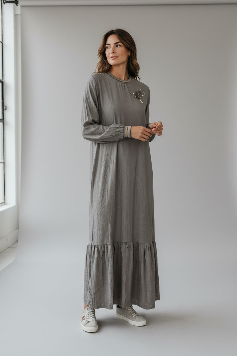 Long Sleeve Casual Elegant Cotton Maxi Dress Stone Beige