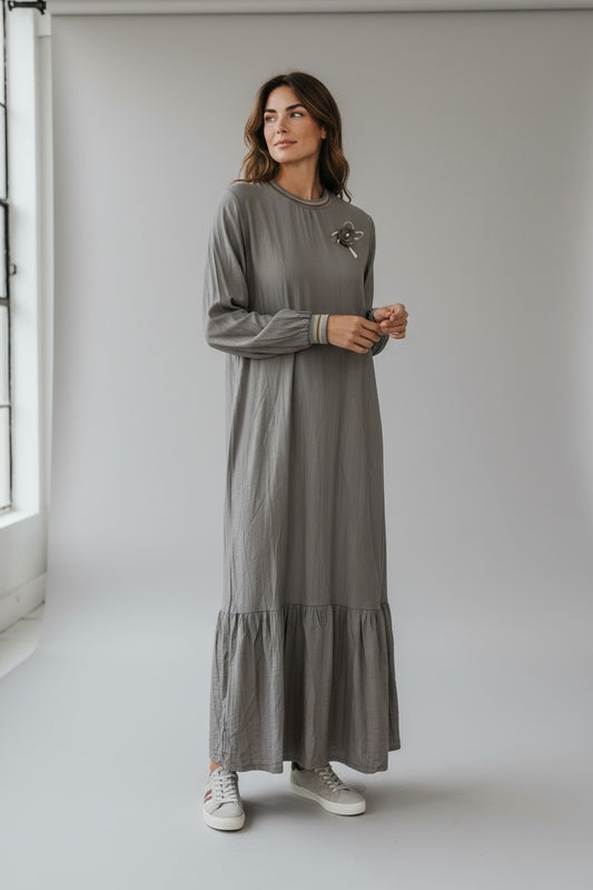 Long Sleeve Casual Elegant Cotton Maxi Dress Stone Beige