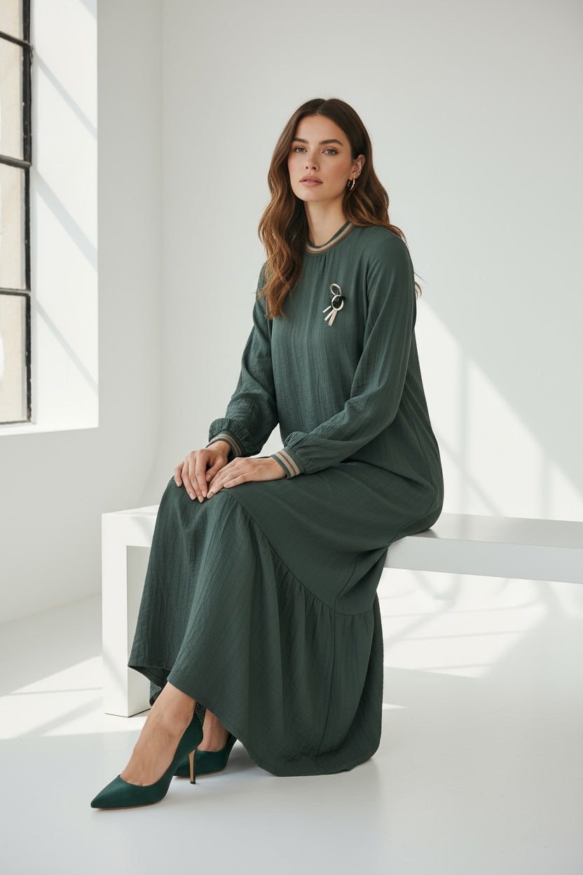 Long Sleeve Casual Elegant Cotton Maxi Dress Forest Green