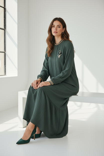 Long Sleeve Casual Elegant Cotton Maxi Dress Forest Green