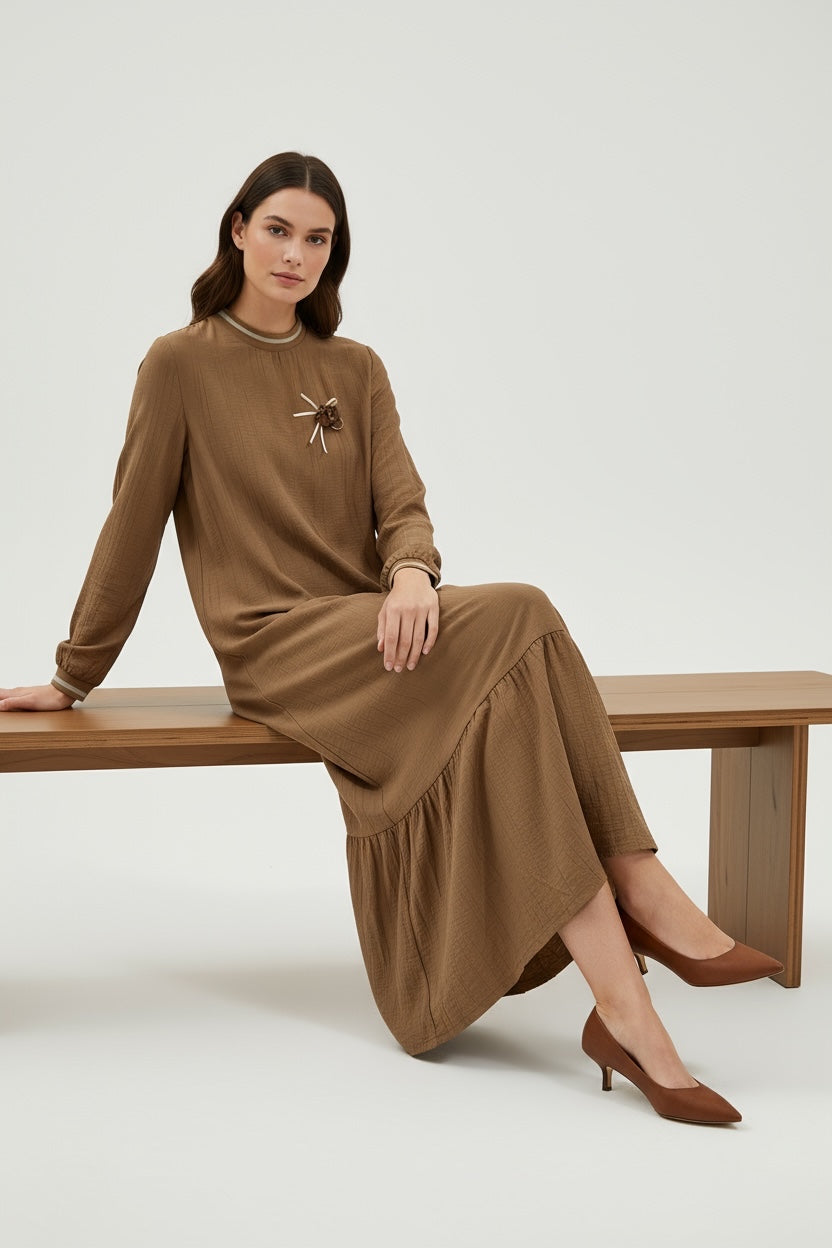 Long Sleeve Casual Elegant Cotton Maxi Dress Light Brown