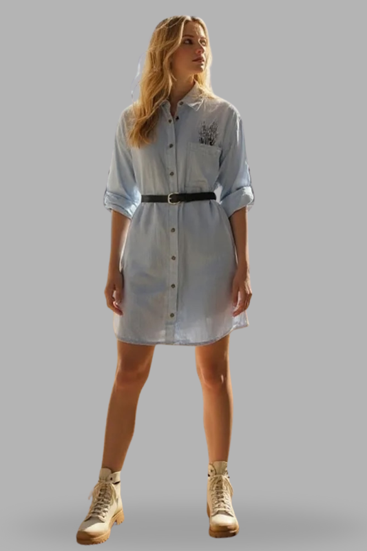 Tunic Dress with Lavender Embroidery - Cotton Linen Collection Light Blue