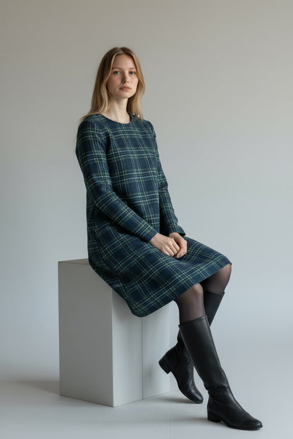 Plaid Patterned Long Sleeved Mini Dress Blue