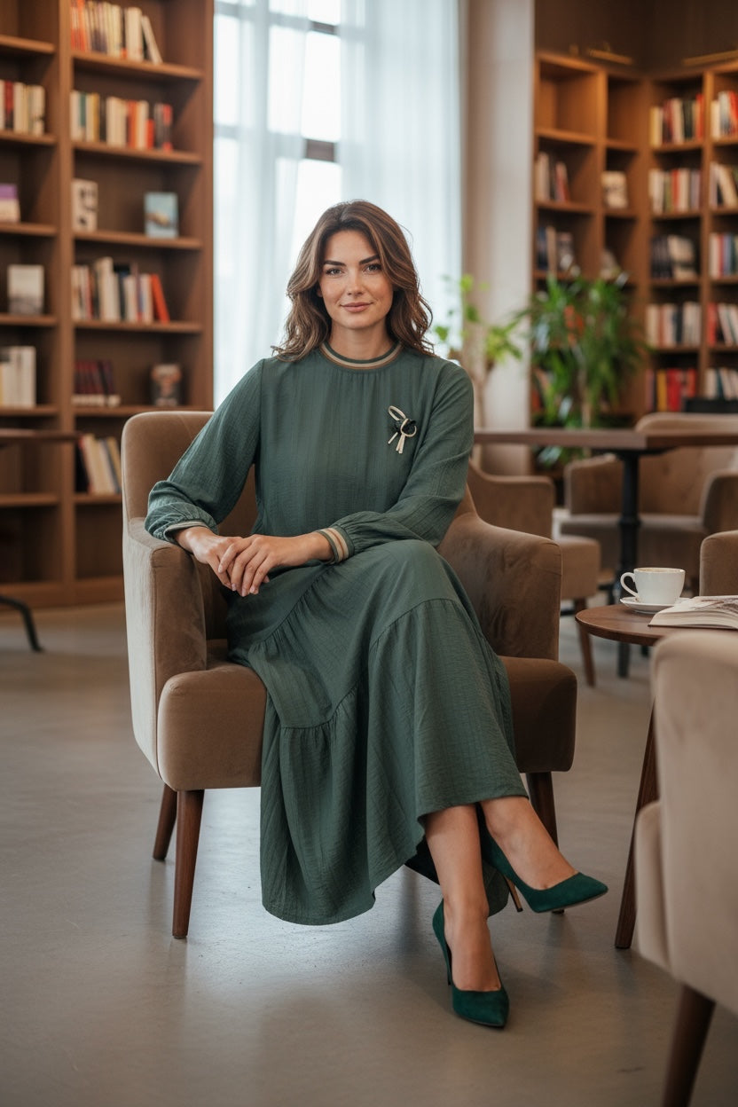 Long Sleeve Casual Elegant Cotton Maxi Dress Sage Green