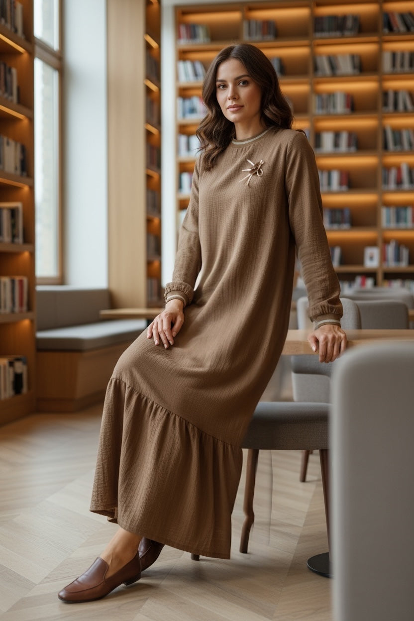 Long Sleeve Casual Elegant Cotton Maxi Dress Light Brown