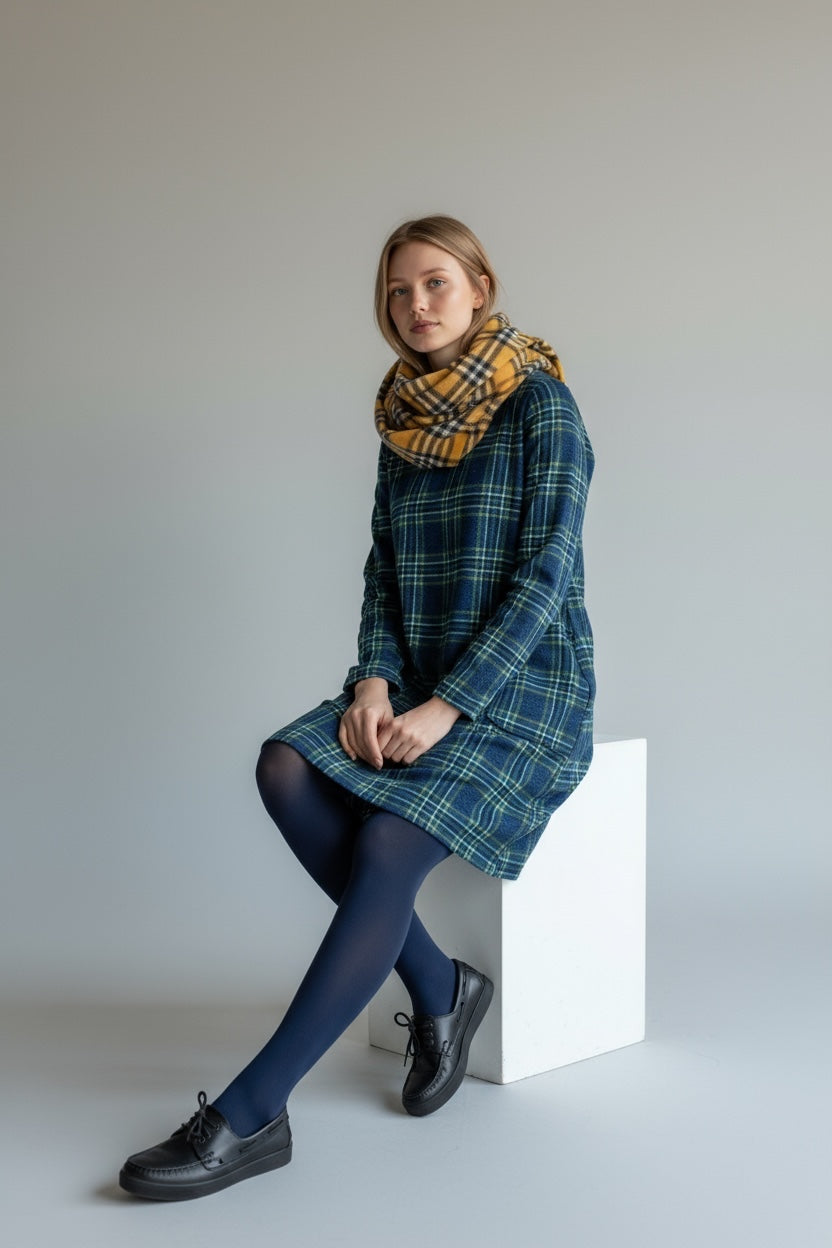 Plaid Patterned Long Sleeved Mini Dress Blue