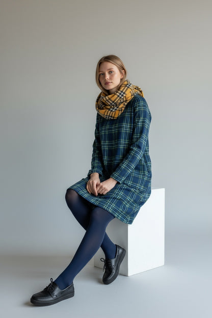 Plaid Patterned Long Sleeved Mini Dress Blue