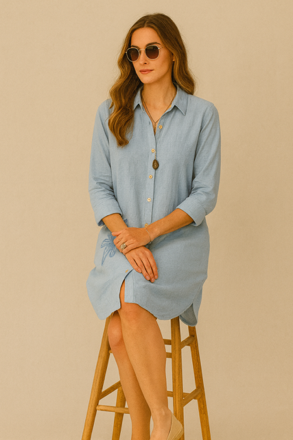 Tunic Dress with Flower Embroidery Light Blue