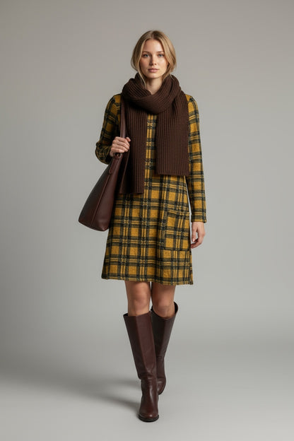 Plaid Patterned Long Sleeved Mini Dress Yellow