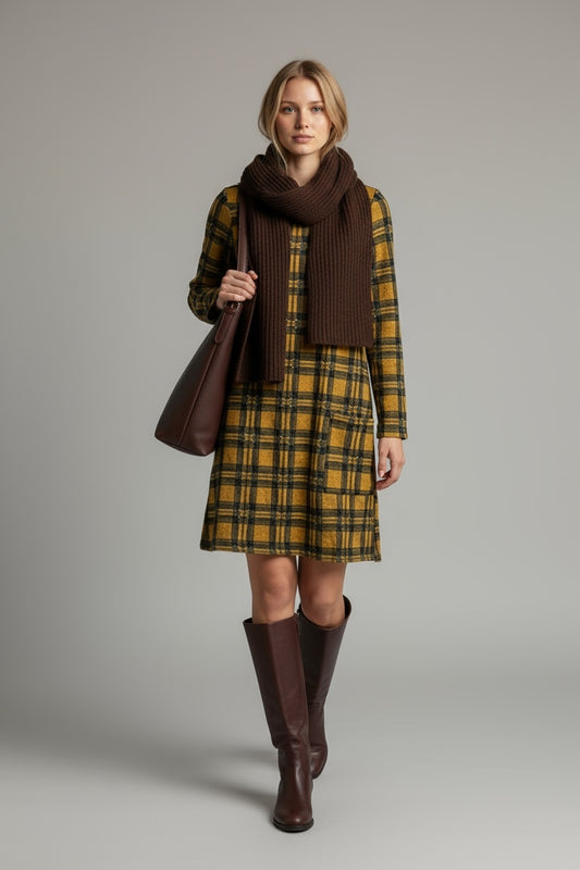 Plaid Patterned Long Sleeved Mini Dress Yellow