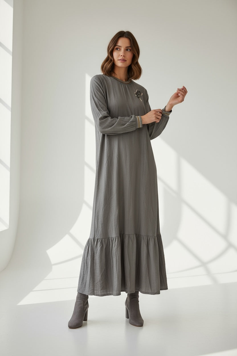 Long Sleeve Casual Elegant Cotton Maxi Dress Stone Beige