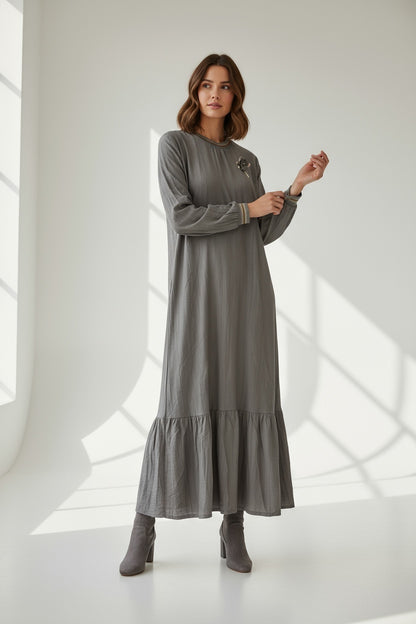 Long Sleeve Casual Elegant Cotton Maxi Dress Stone Beige
