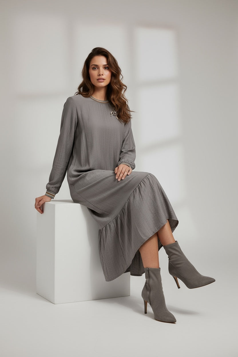 Long Sleeve Casual Elegant Cotton Maxi Dress Stone Beige