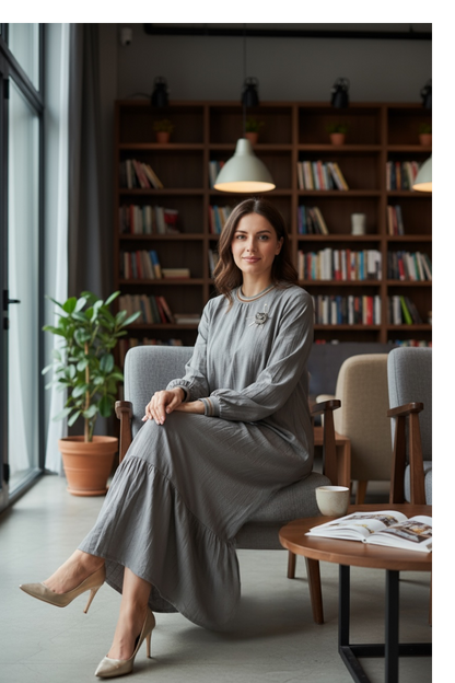 Long Sleeve Casual Elegant Cotton Maxi Dress Stone Beige