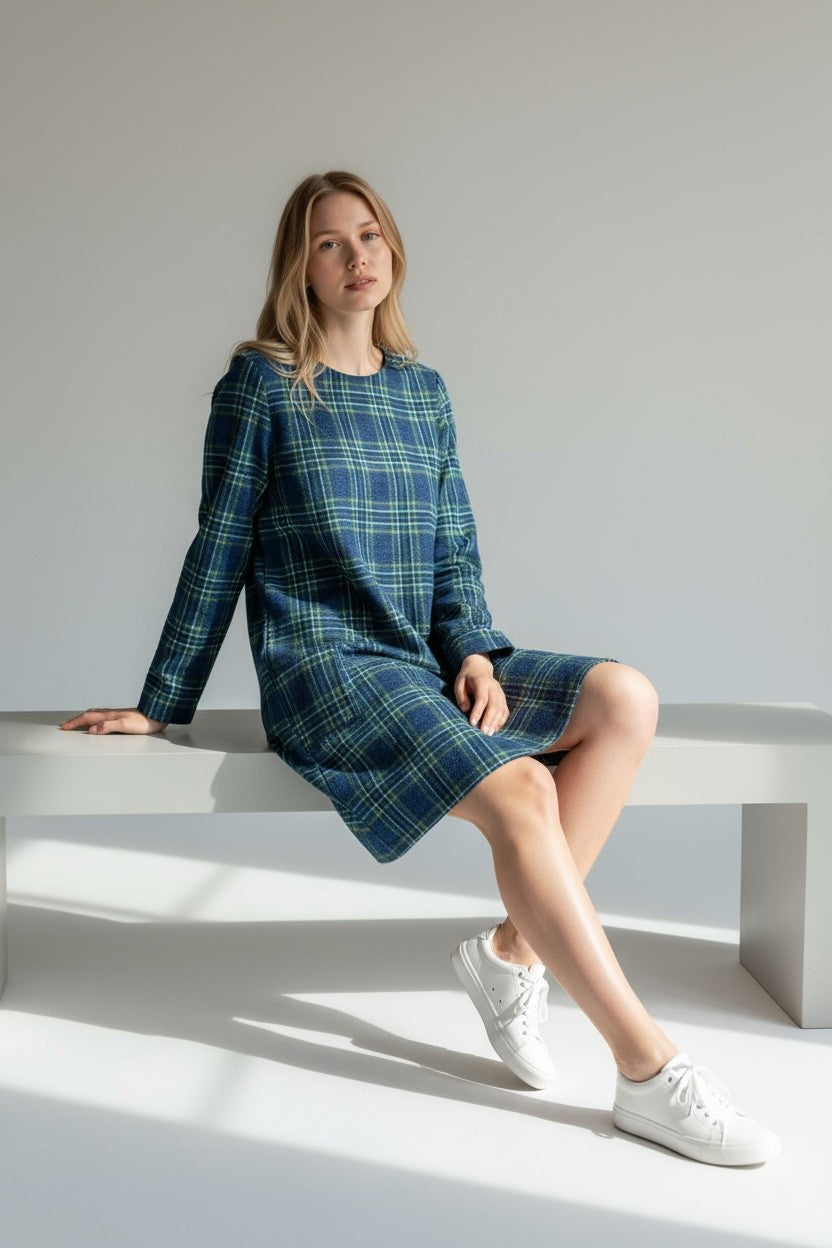 Plaid Patterned Long Sleeved Mini Dress Blue