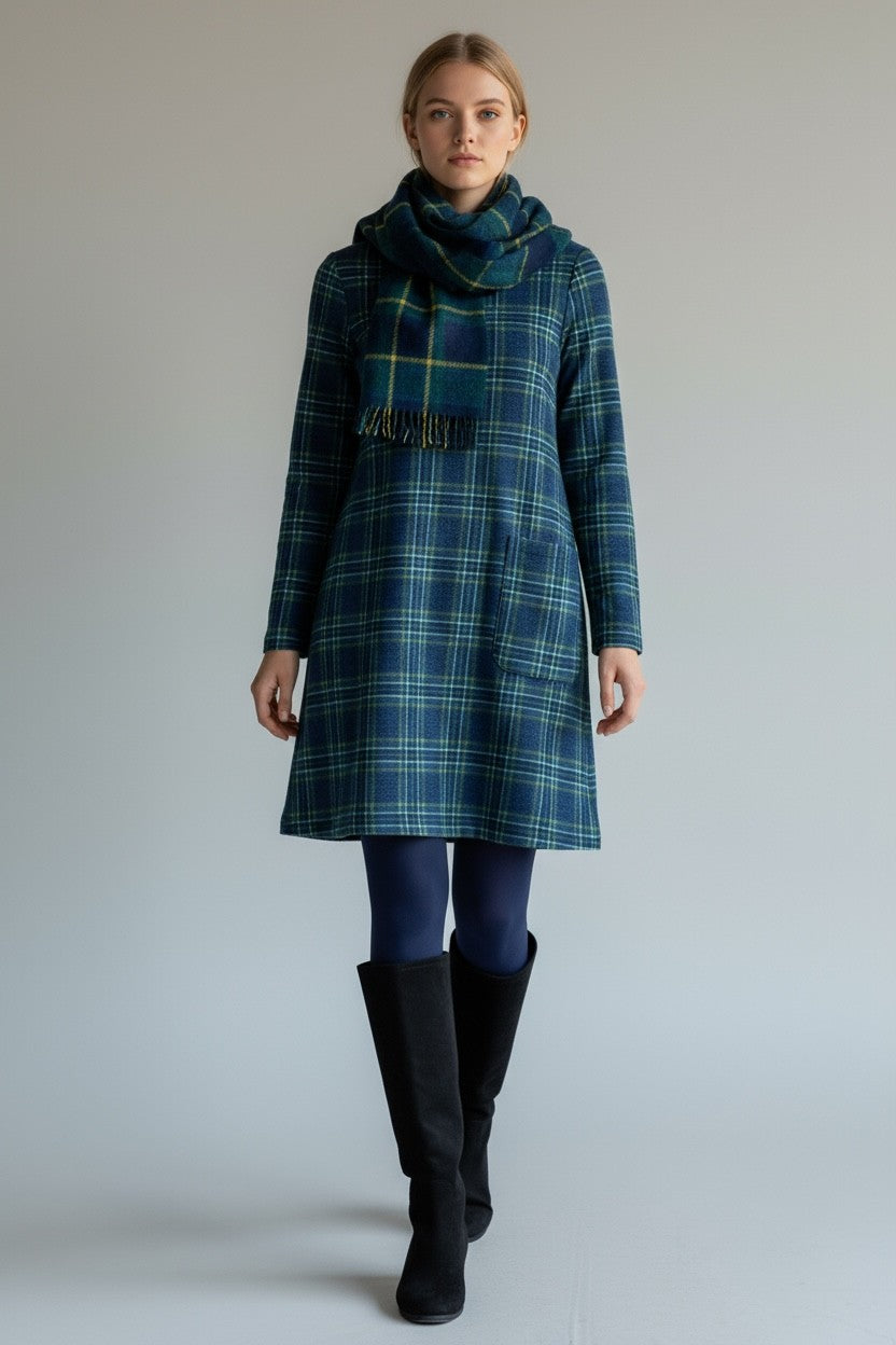 Plaid Patterned Long Sleeved Mini Dress Blue