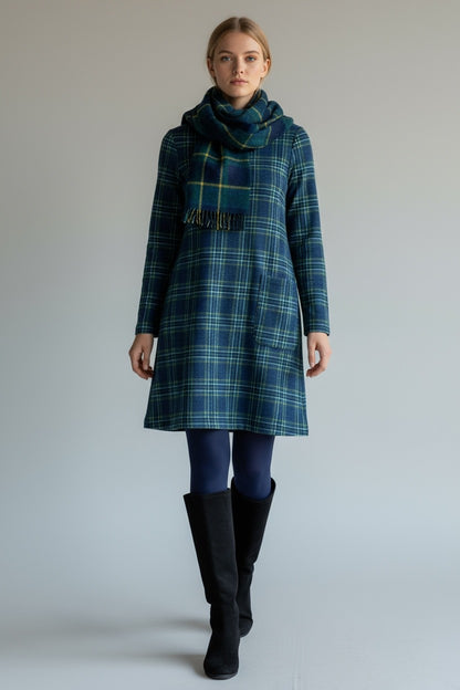 Plaid Patterned Long Sleeved Mini Dress Blue