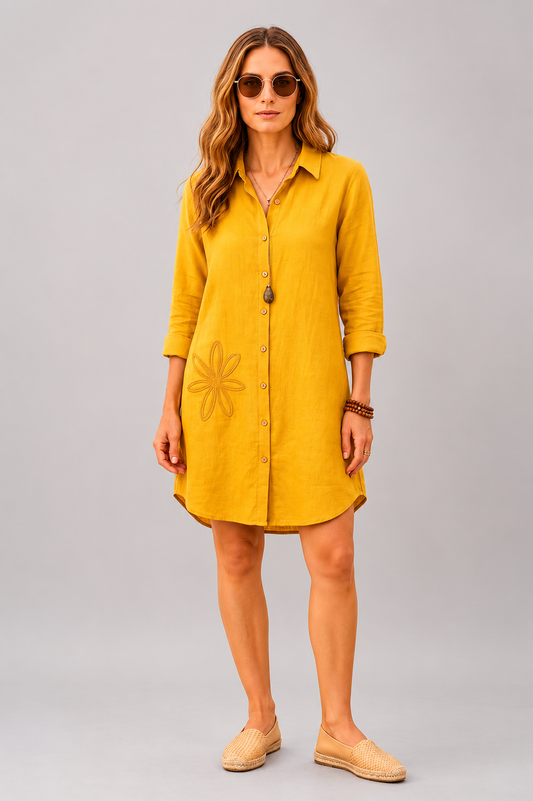 Tunic Dress with Flower Embroidery Yellow