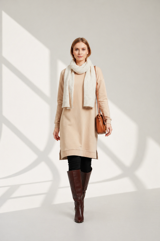 Basic Cotton Solid Color Tunic Beige