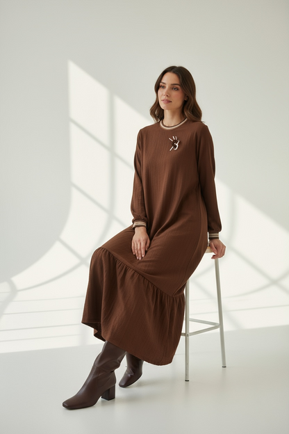 Long Sleeve Casual Elegant Cotton Maxi Dress Deep Brown