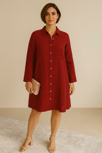Muslin Cotton Chic Tunic Dress - Red