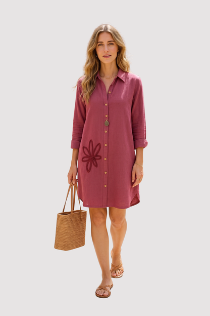 Tunic Dress with Flower Embroidery Burgundy