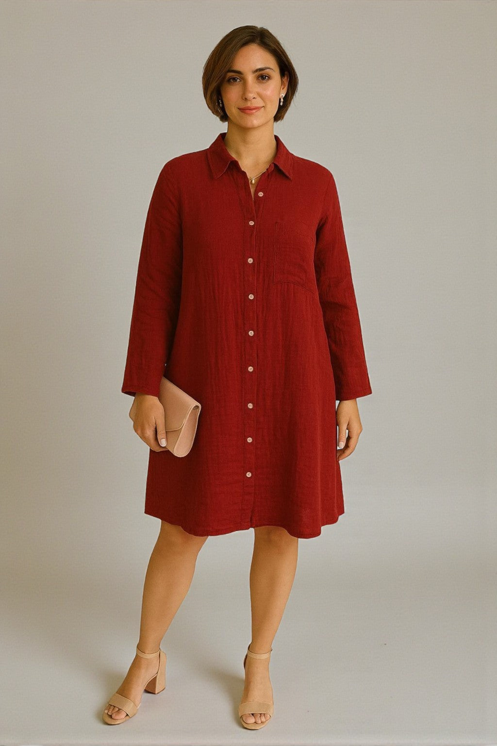 Muslin Cotton Chic Tunic Dress - Red