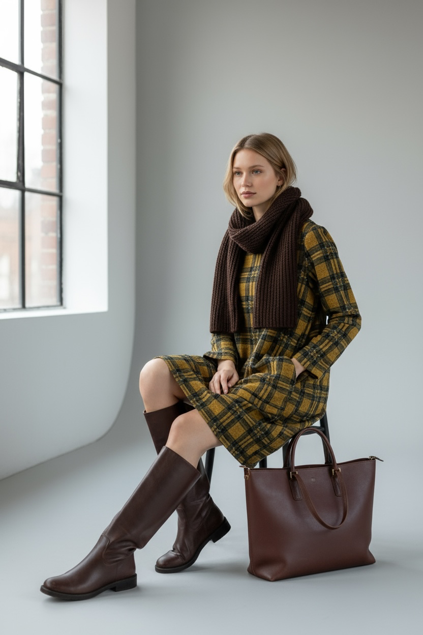 Plaid Patterned Long Sleeved Mini Dress Yellow