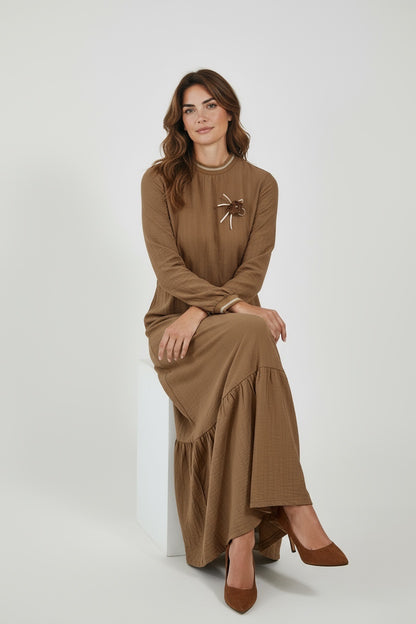 Long Sleeve Casual Elegant Cotton Maxi Dress Light Brown