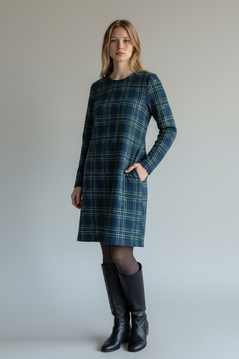 Plaid Patterned Long Sleeved Mini Dress Blue