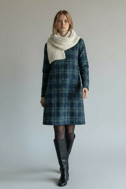 Plaid Patterned Long Sleeved Mini Dress Blue