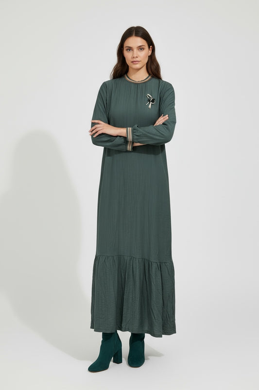 Long Sleeve Casual Elegant Cotton Maxi Dress Forest Green