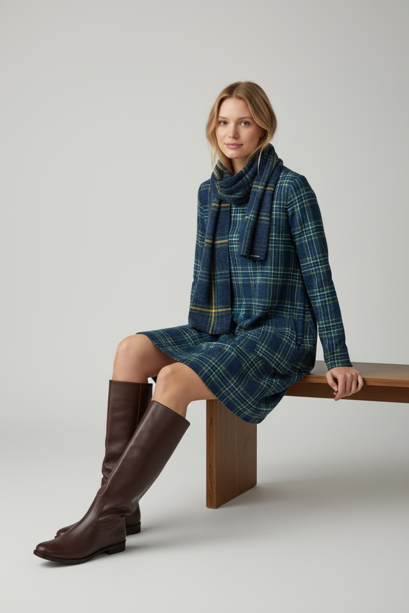 Plaid Patterned Long Sleeved Mini Dress Blue