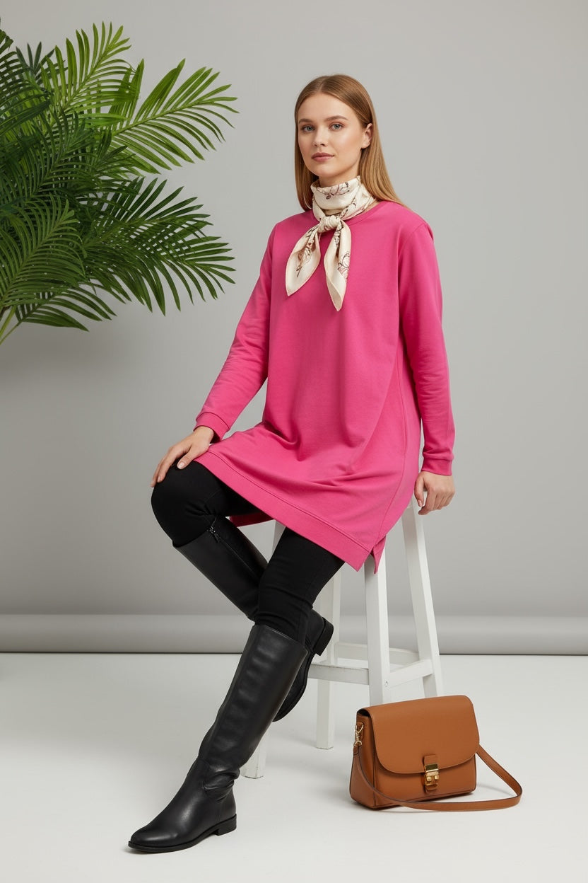 Basic Cotton Solid Color Tunic Dark Pink