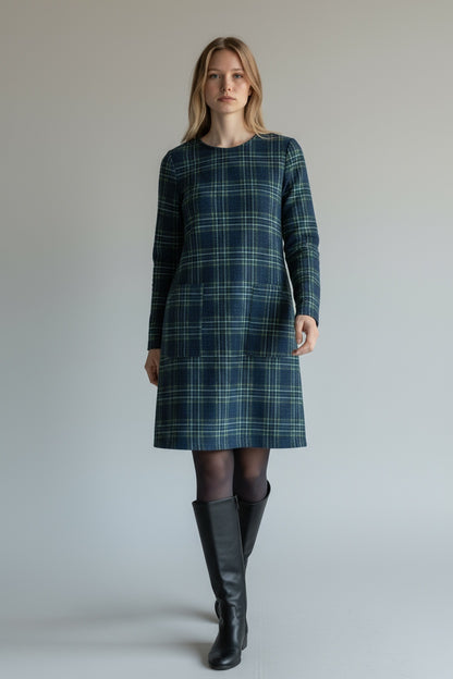 Plaid Patterned Long Sleeved Mini Dress Blue
