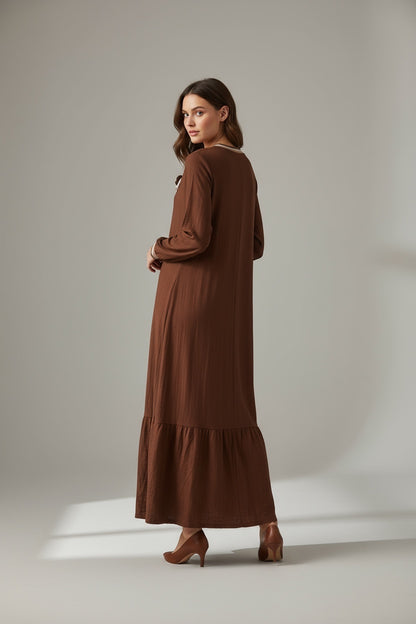 Long Sleeve Casual Elegant Cotton Maxi Dress Deep Brown