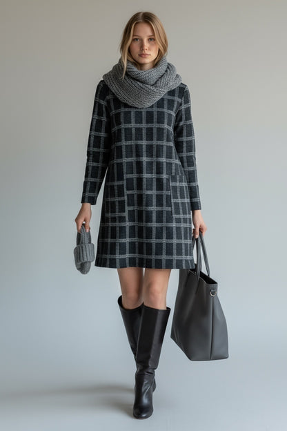 Plaid Patterned Long Sleeved Mini Dress Dark Grey