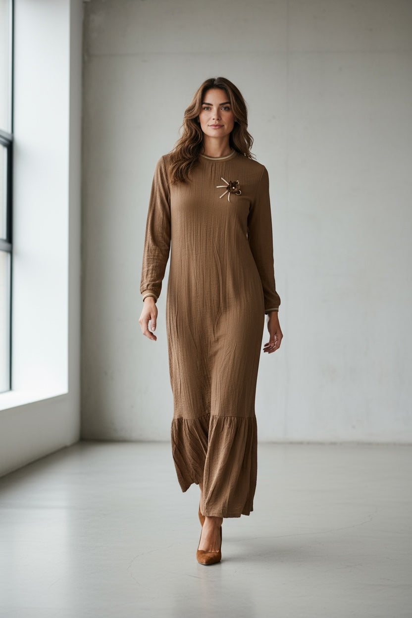 Long Sleeve Casual Elegant Cotton Maxi Dress Light Brown