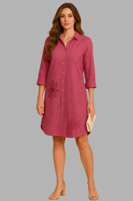 Tunic Dress with Flower Embroidery Burgundy