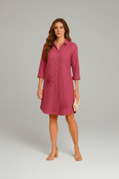 Tunic Dress with Flower Embroidery Burgundy