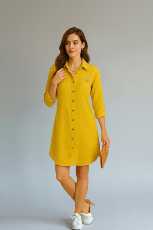 Tunic Dress with Lavender Embroidery - Cotton Linen Collection Lemon