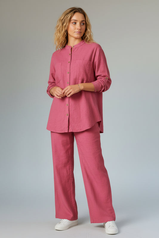 Linen Cotton Shirt and Pant Set with Pockets Rose