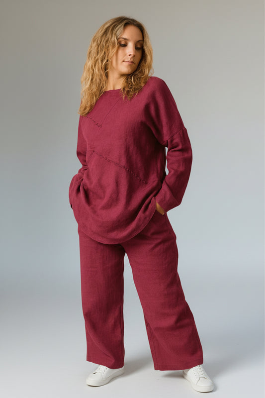 Criss-Cross Cotton Linen Shirt and Pant Set Raspberry Pink