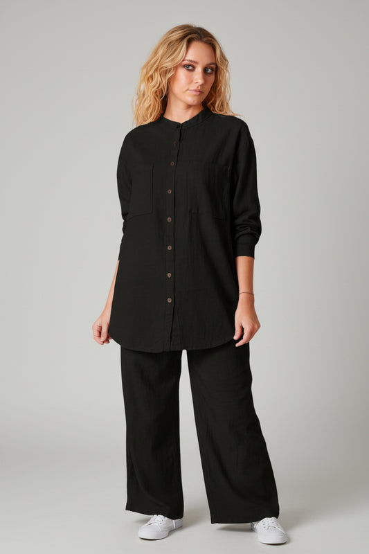 Linen Cotton Shirt and Pant Set with Pockets Black
