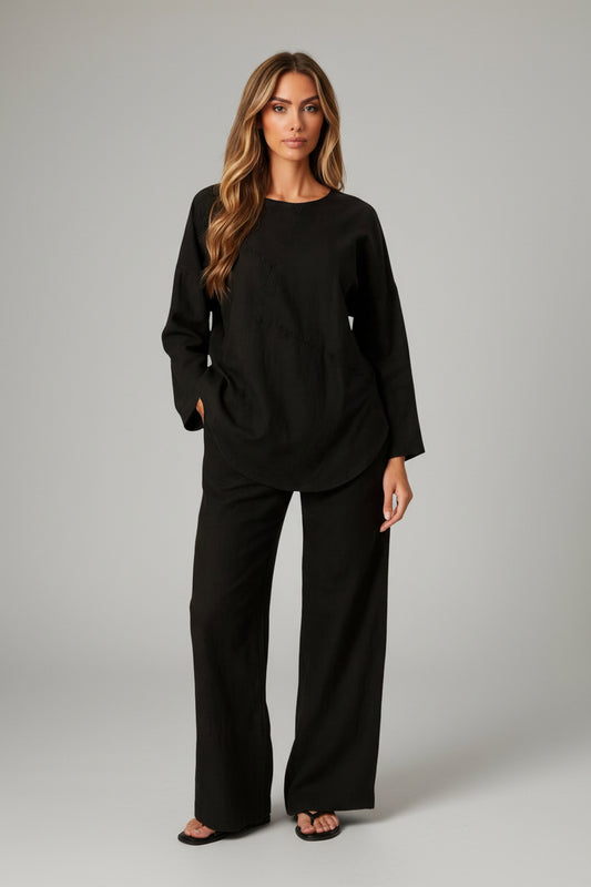 Criss-Cross Cotton Linen Shirt and Pant Set Black