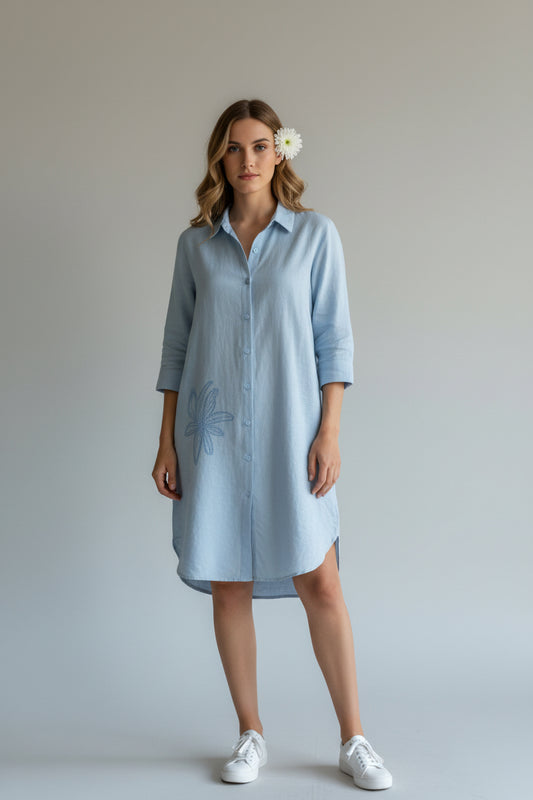 Tunic Dress with Flower Embroidery Light Blue