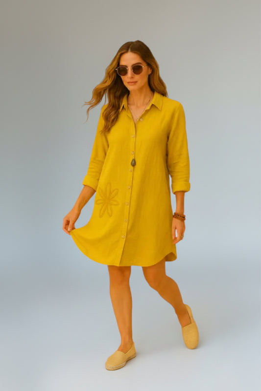 Tunic Dress with Flower Embroidery Yellow