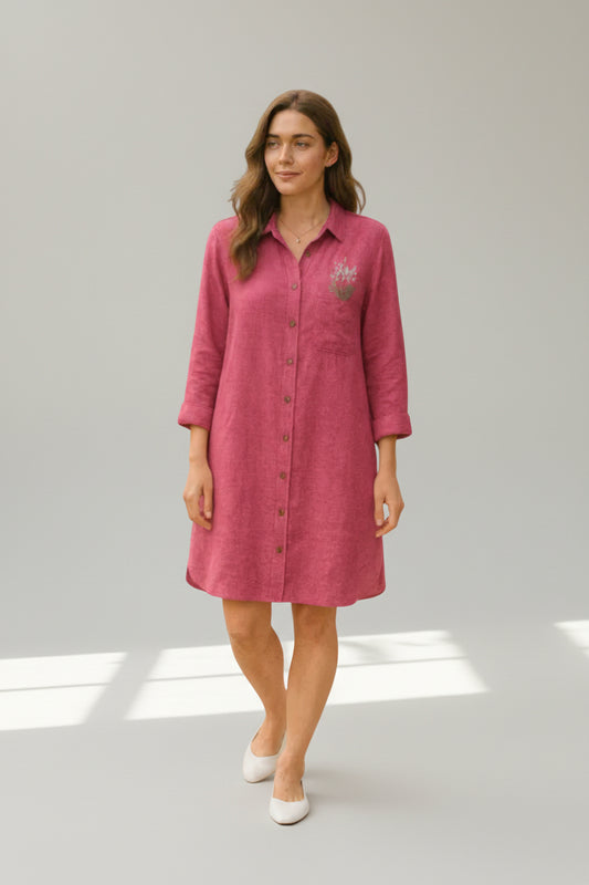 Tunic Dress with Lavender Embroidery - Cotton Linen Collection Rose Pink